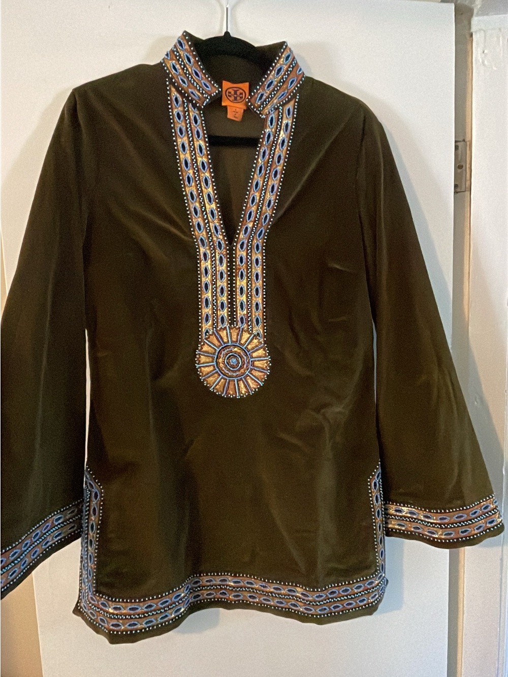 TORY BURCH Embroidered Olive Green Tunic with Blue & Gold Accents